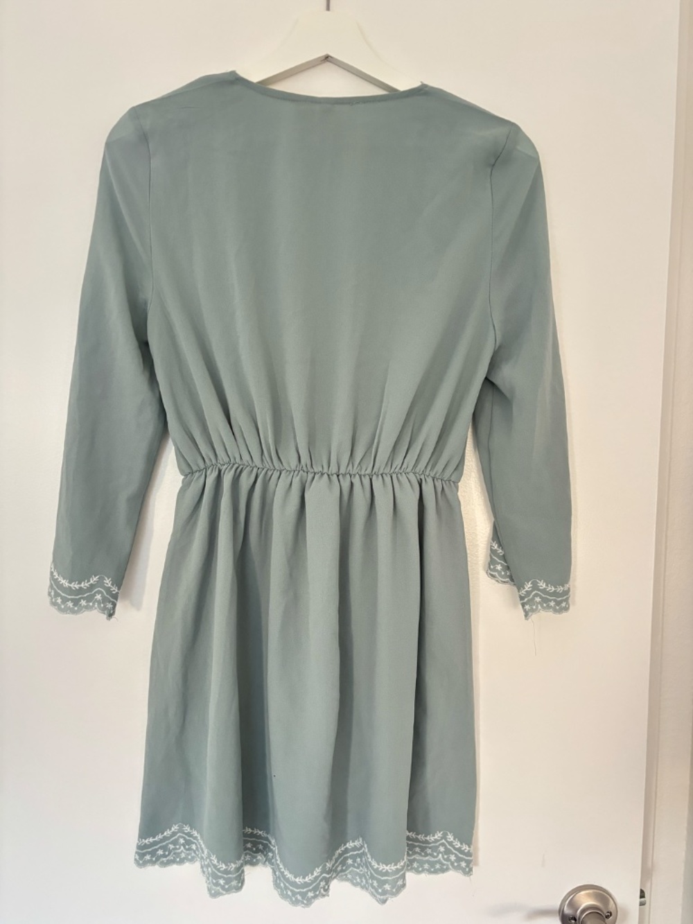 H&M Sage Green Embroidered Boho Mini Dress | 3/4 Sleeve V-Neck - Picture 3 of 6